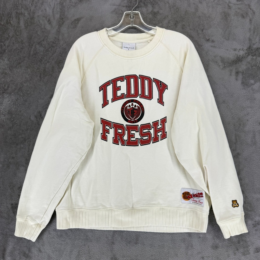 Teddy Fresh Sweatshirt Mens L Collegiate Logo Cream Raglan Sleeve Graphic EUC